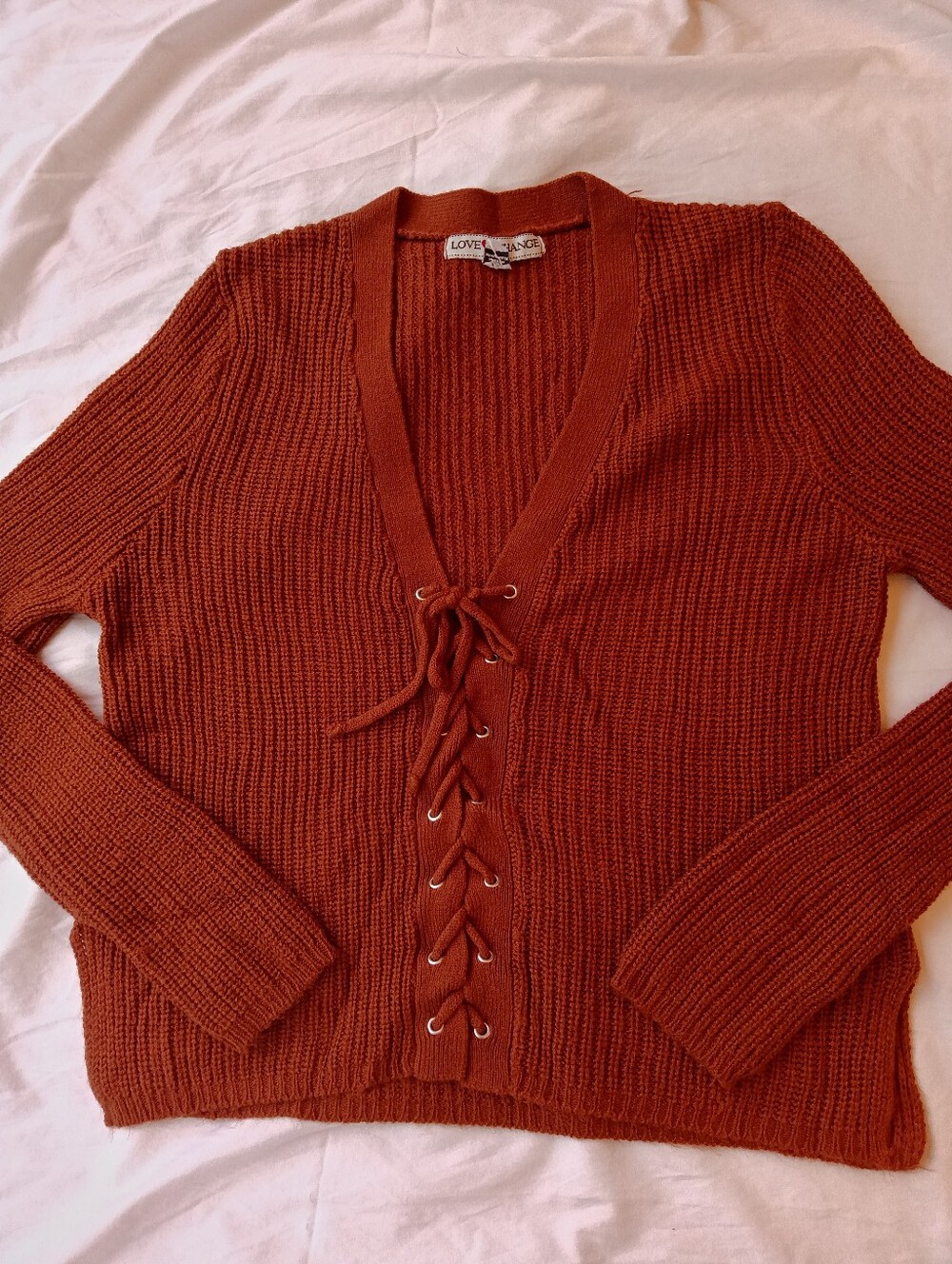 Love Change italy rust lace up knit sweater cozy chunky ribbed cottagecore pullo